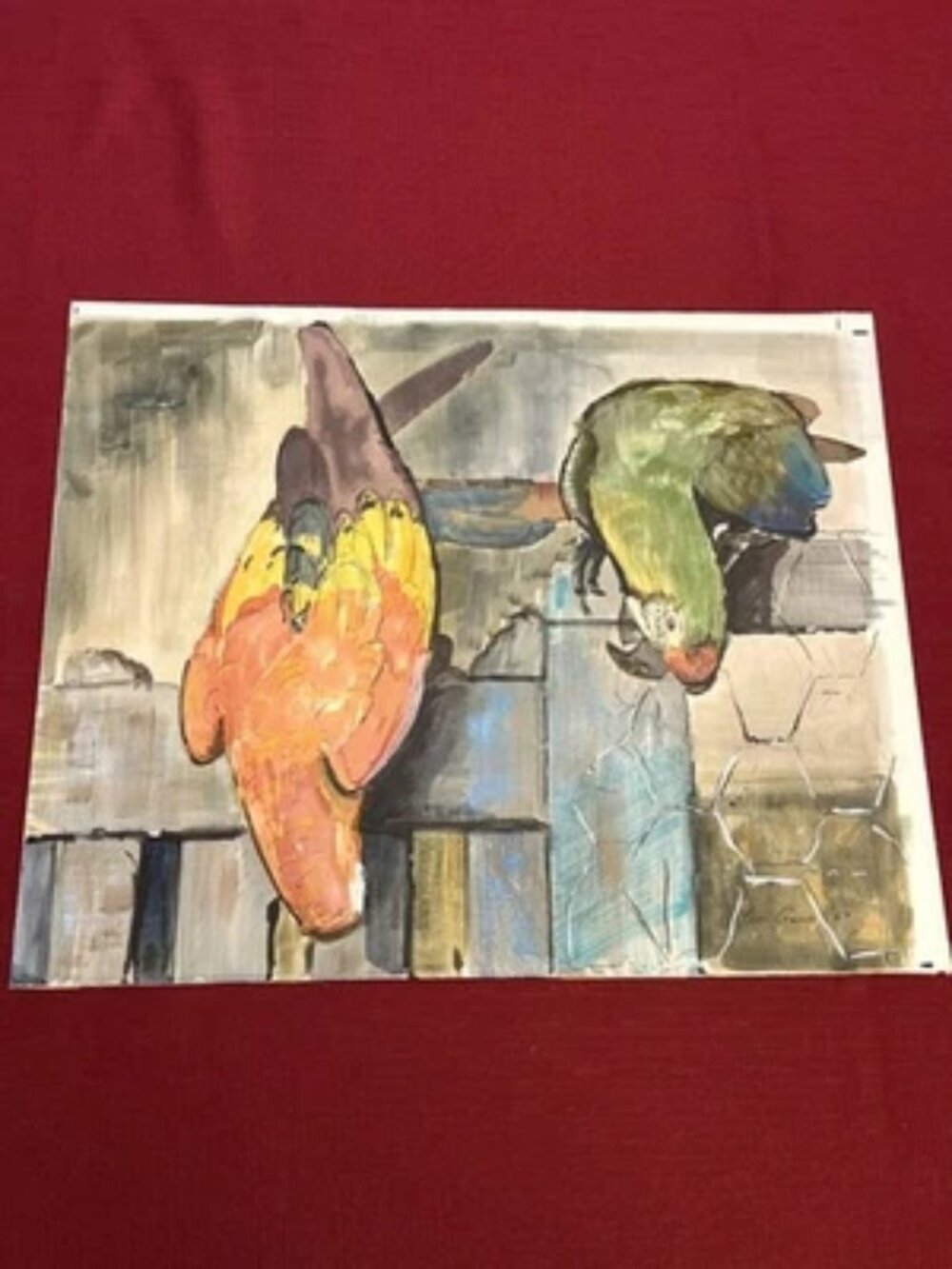 Signed Original Watercolor Painting Of The Two Parrots By Paul Gould '67